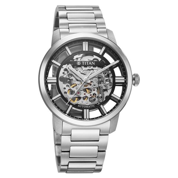 Titan See-Through Skeletal Automatic Analog with Black Dial Silver Stainless Steel Strap Watch for Men - image number 2