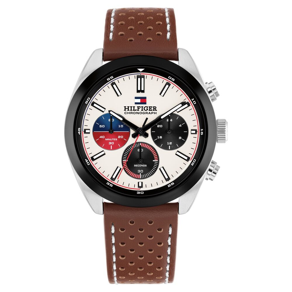 Tommy Hilfiger Quartz Chronograph Pale Yellow Dial Brown Leather Strap Watch For Men-image-4
