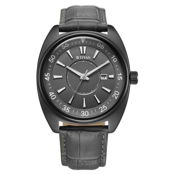 Titan Tonneau Analog with Date and Grey Dial Grey Leather Strap Watch for Men