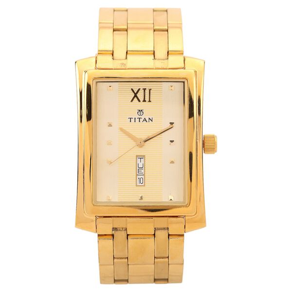Titan Quartz Analog with Day and Date Champagne Dial Stainless Steel Strap Watch for Men - image number 0