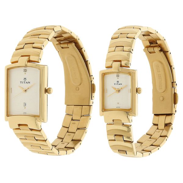 Titan Quartz Analog with Date White Dial Stainless Steel Strap Watch for Couple - image number 1