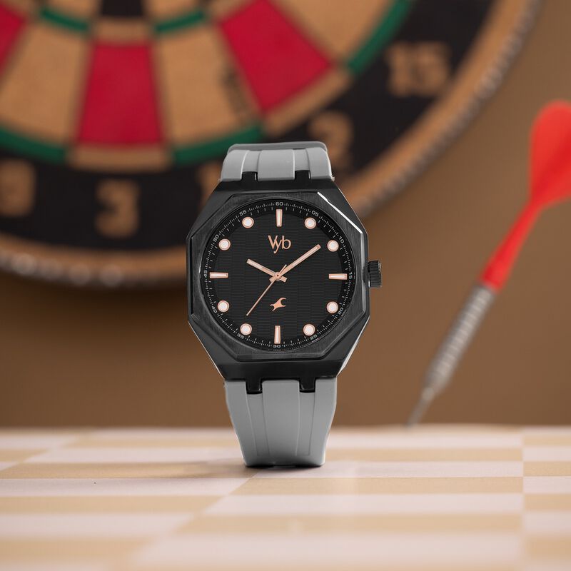 Vyb Rebel By Fastrack Quartz Analog Black Dial Grey Silicone Strap Watch For Guys