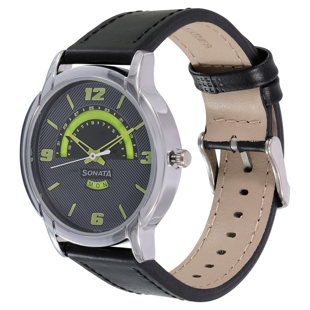 Buy Online Sonata Quartz Analog Black Dial Leather Strap Watch for