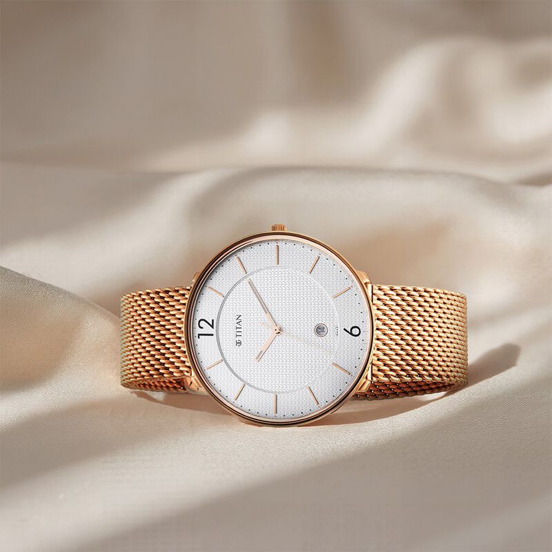 Titan - Black and Gold Collection - Quartz Analog Silver Dial Rose Gold Stainless Steel Strap watch for Men