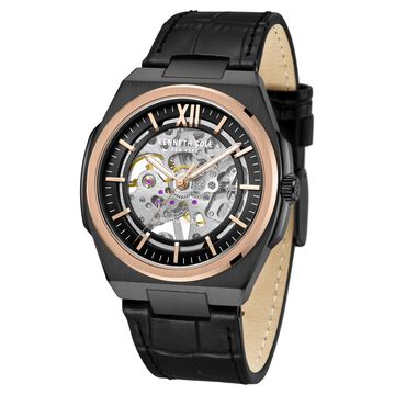 Kenneth Cole Mechanical Hand Wound Analog Mechanical Black Round Dial Black Leather Strap Watch For Men