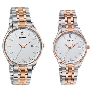 Sonata Jashn Quartz Analog White Dial Two Toned Metal Strap Watch For Couple