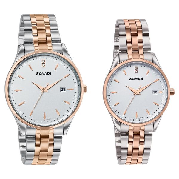 Sonata Jashn Quartz Analog White Dial Two Toned Metal Strap Watch For Couple - image number 1