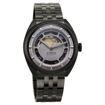 Titan Stellar Cupola Automatic Analog with Sun Moon Phase and Silver Dial Dark Gun Stainless Steel Strap Watch for Men