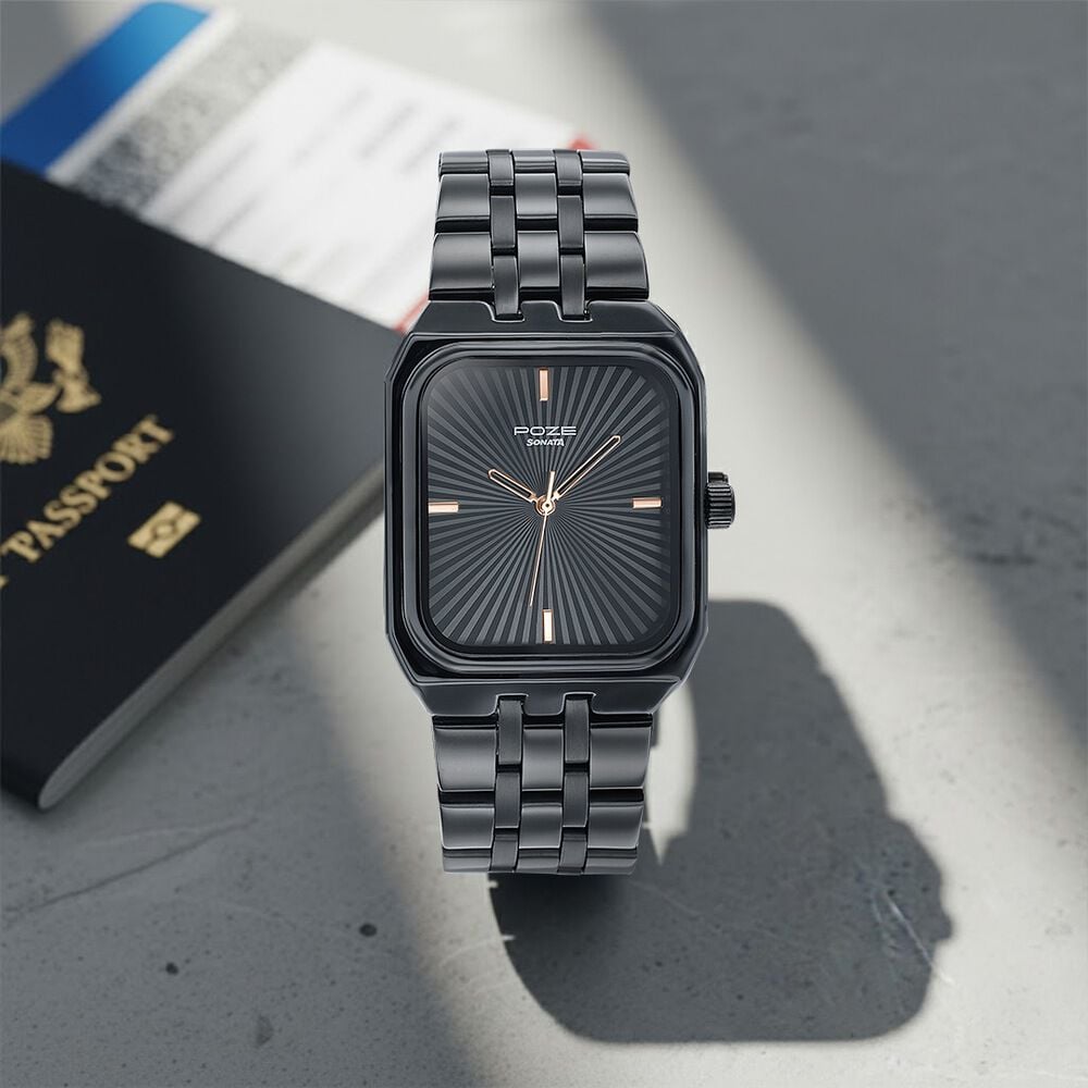 Poze By Sonata Quartz Analog Black Dial Black Metal Strap Watch For Men-image-49