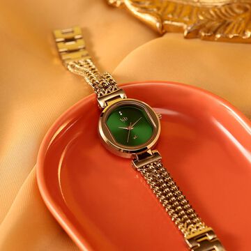 Vyb Seeker By Fastrack Quartz Analog Green Dial Golden Stainless Steel Strap Watch For Girls