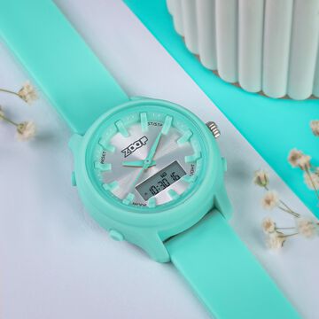 Zoop Ana-Digi Watch with Silver Dial & Green Strap for Girls Kids, from House of Titan