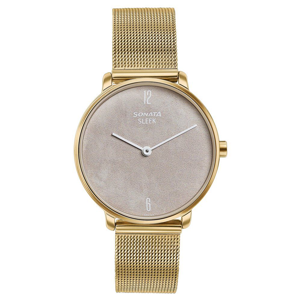 Buy Online Sonata Sleek Gold Toned Mesh Bracelet Watch with Minimal Sundial Dial and Arabic Numerals 8191ym01 Titan