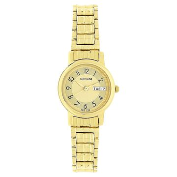 Sonata Quartz Analog with Day and Date Champagne Dial Stainless Steel Strap Watch for Women