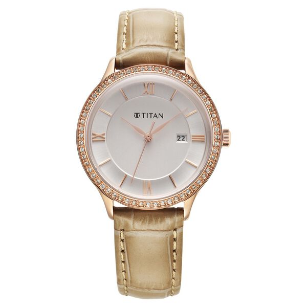 Titan Bright Leathers Silver Dial Analog with Date Leather Strap Watch for Women - image number 0