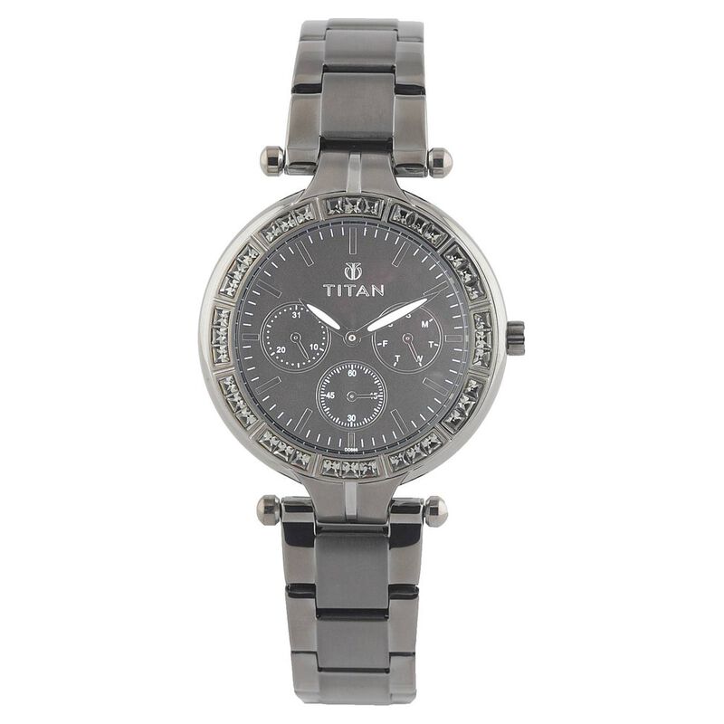 Titan Quartz Analog with Day and Date Grey Dial Stainless Steel Strap Watch for Women