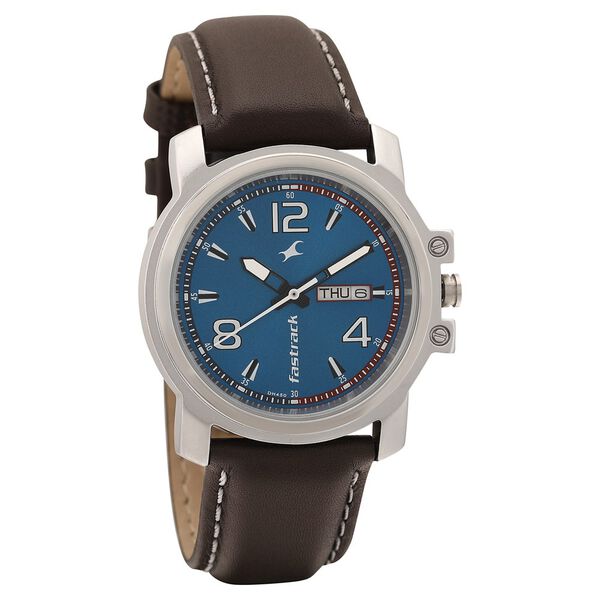 Fastrack Quartz Analog with Day and Date Blue Dial Leather Strap Watch for Guys - image number 0