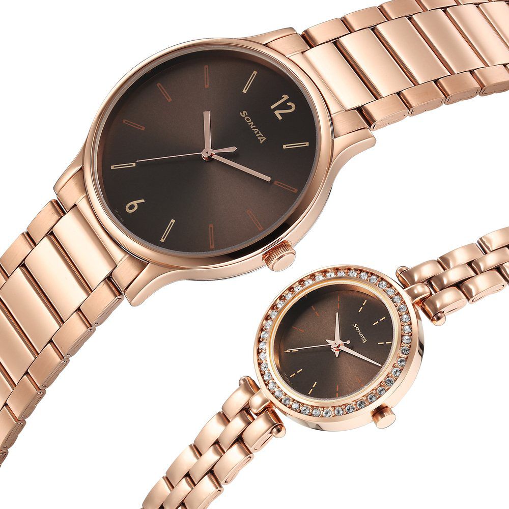Buy Online Sonata Quartz Analog Brown Dial Stainless Steel Strap