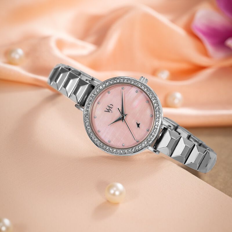 Vyb Enigma By Fastrack Quartz Analog Pink Dial Silver Metal Strap Watch For Girls