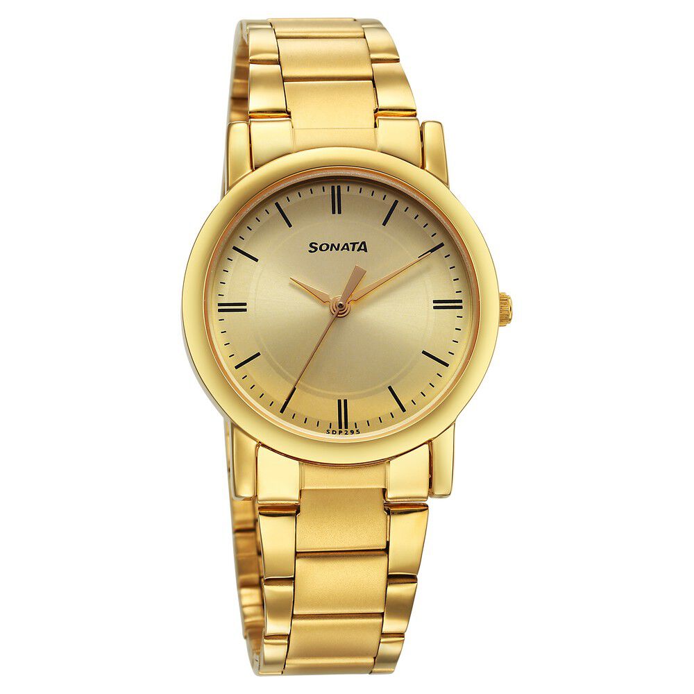 Sonata Classic Quartz Analog Champagne Dial Golden Stainless Steel Strap Watch for Men