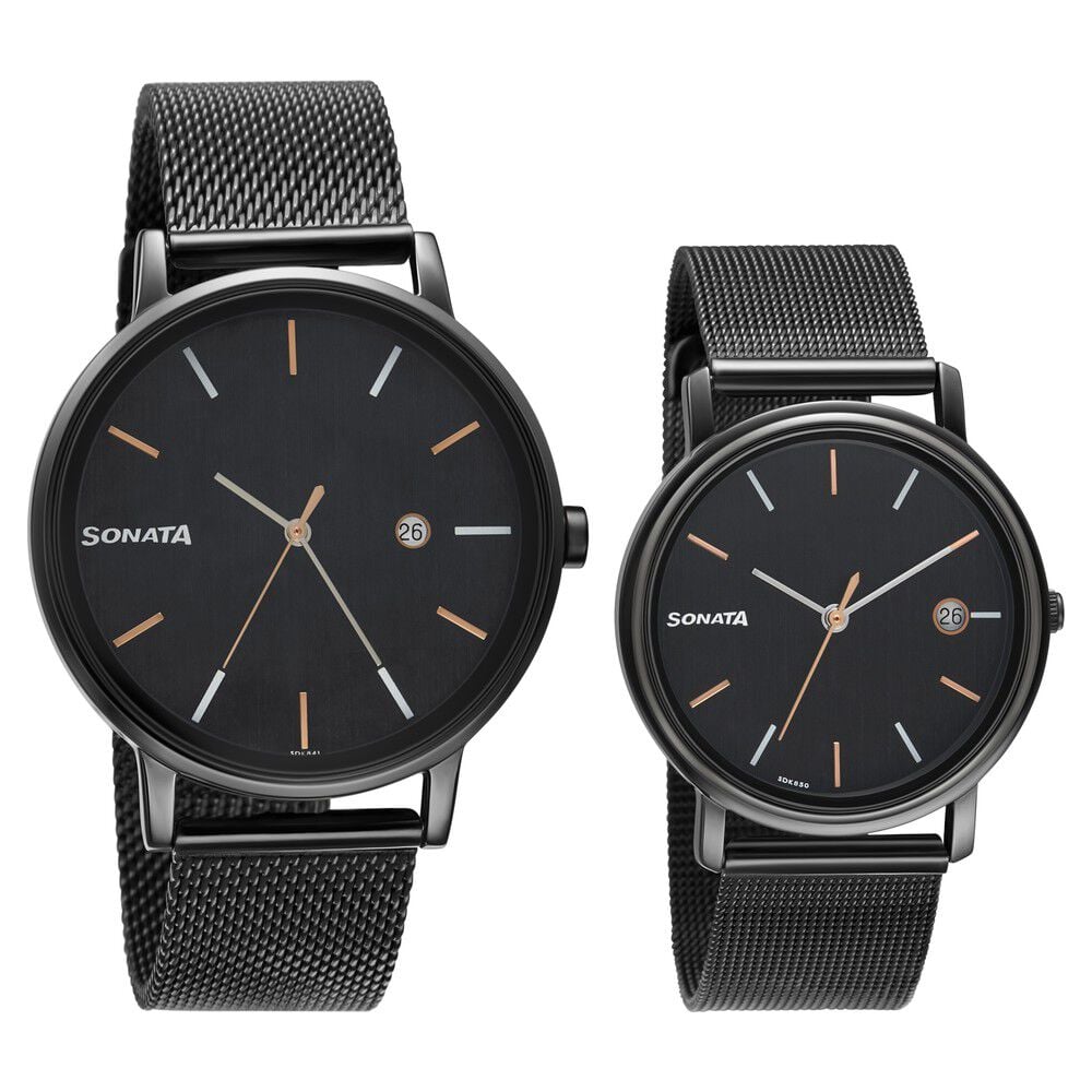 Buy Online Sonata Quartz Analog with Date Black Dial Metal Strap Watch for Couple ns713187029nm01p Titan