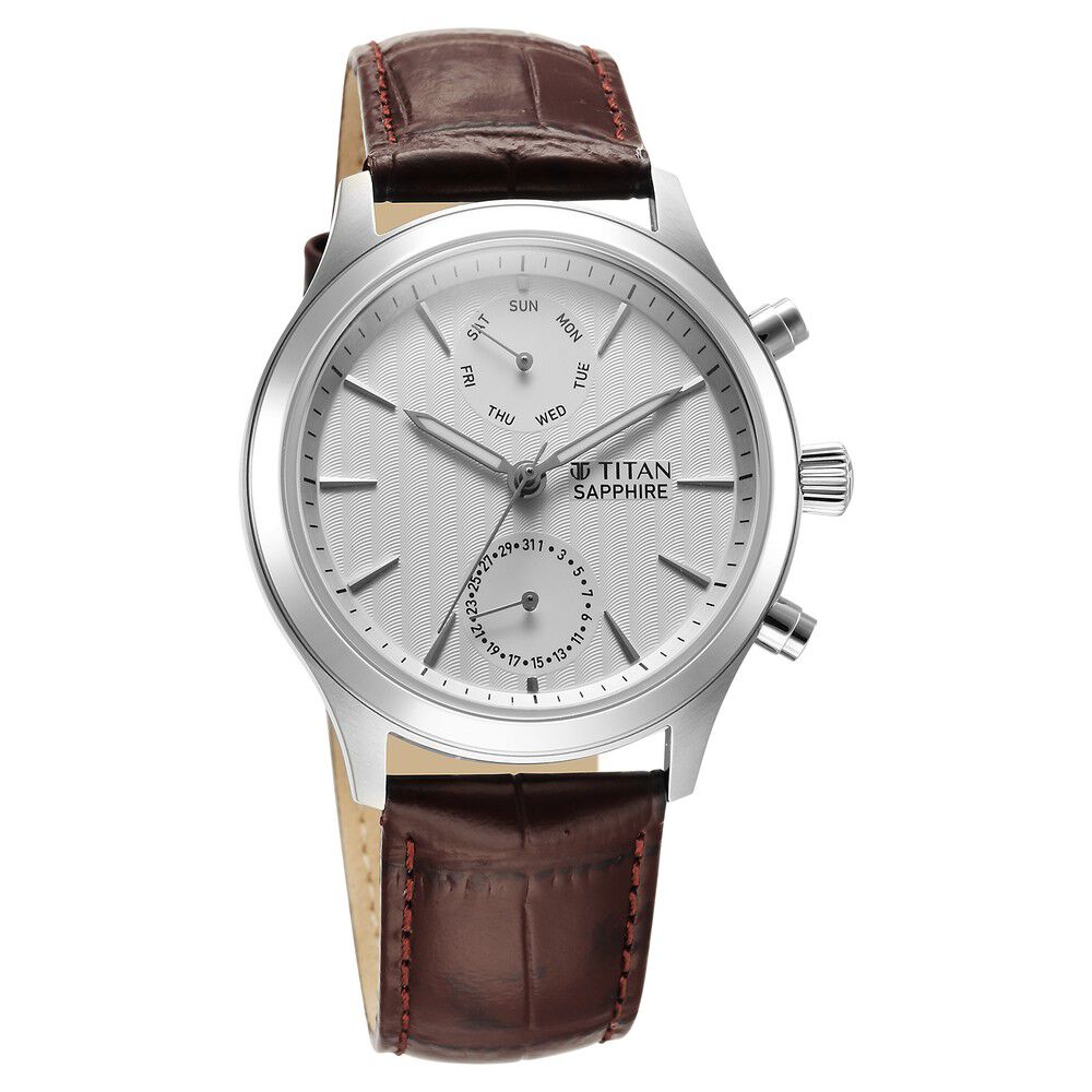 Buy Online Titan Sapphire Multifunction Quartz Analog with Day and Date White Dial Leather Strap Watch for Men 1874sl03 Titan