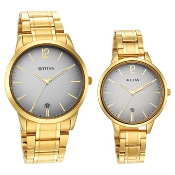 Titan Bandhan Grey Dial Analog Stainless Steel Strap Watch for Couple