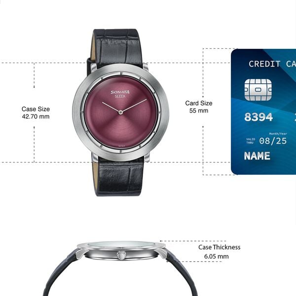 Sonata Sleek Burgundy Dial Silver-Tone Leather Strap Watch - image number 3