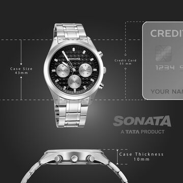 Sonata Multifunction Black Dial Silver Metal Strap Watch For Men