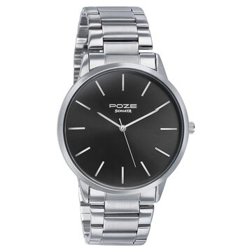 Sonata Poze Quartz Analog Black Dial Silver Color Stainless Steel Strap Watch For Men