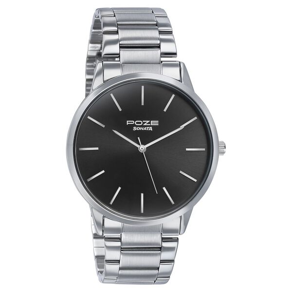 Sonata Poze Quartz Analog Black Dial Silver Color Stainless Steel Strap Watch For Men - image number 2