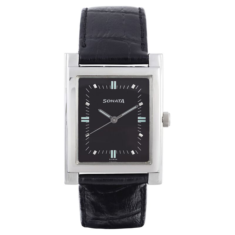 Sonata Quartz Analog Black Dial Leather Strap Watch for Men