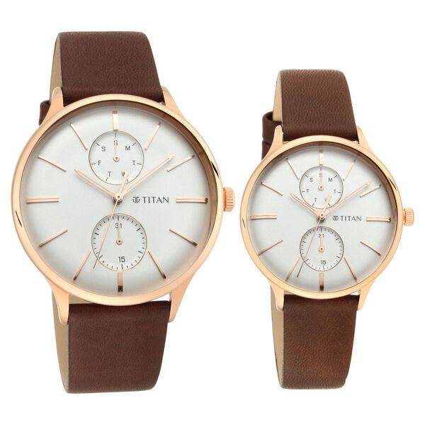 Titan Bandhan White Dial Quartz Multifunction Leather Strap watch for Couple - image number 0