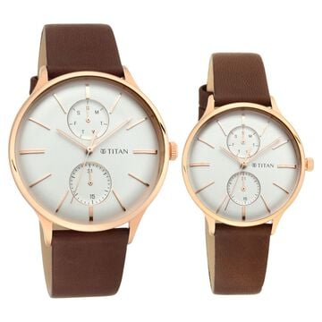 Titan Bandhan White Dial Quartz Multifunction Leather Strap watch for Couple