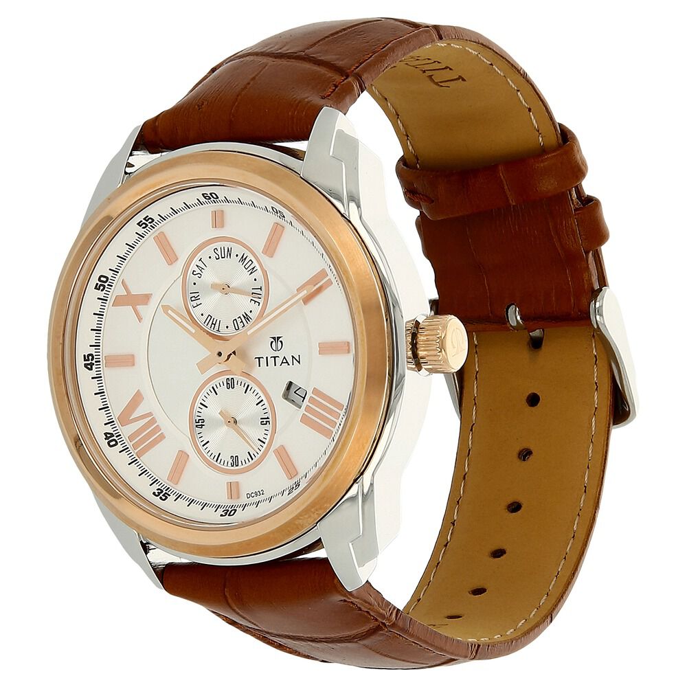 Buy Online Titan Quartz Analog with Date Silver Dial Leather Strap