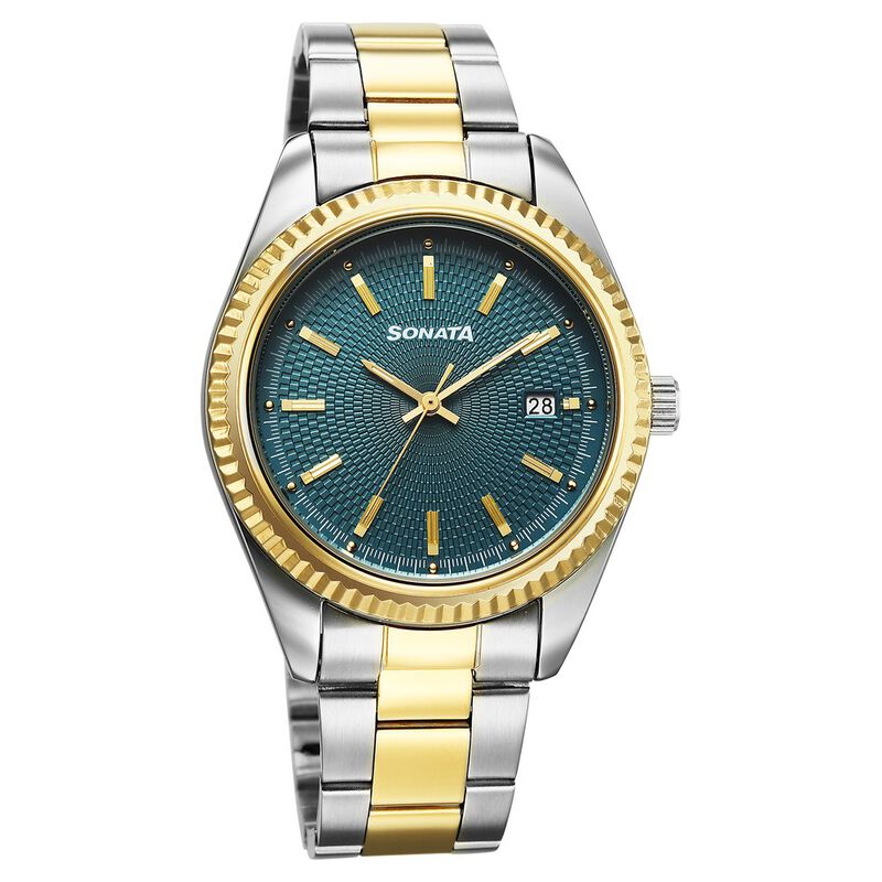 Sonata Festive Quartz Analog with Date Teal Dial Metal Strap Watch For Men