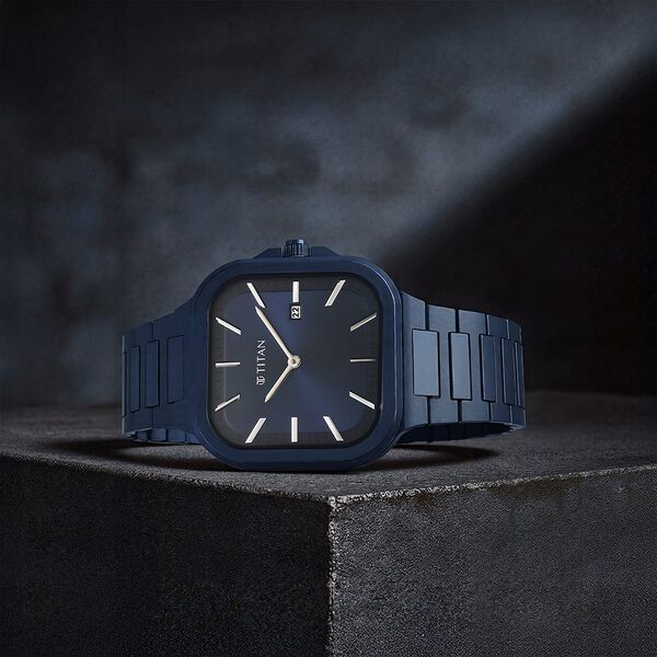 Titan Classique Slim Square Quartz Analog with Date Blue Dial Blue  Stainless Steel Strap Watch For Men