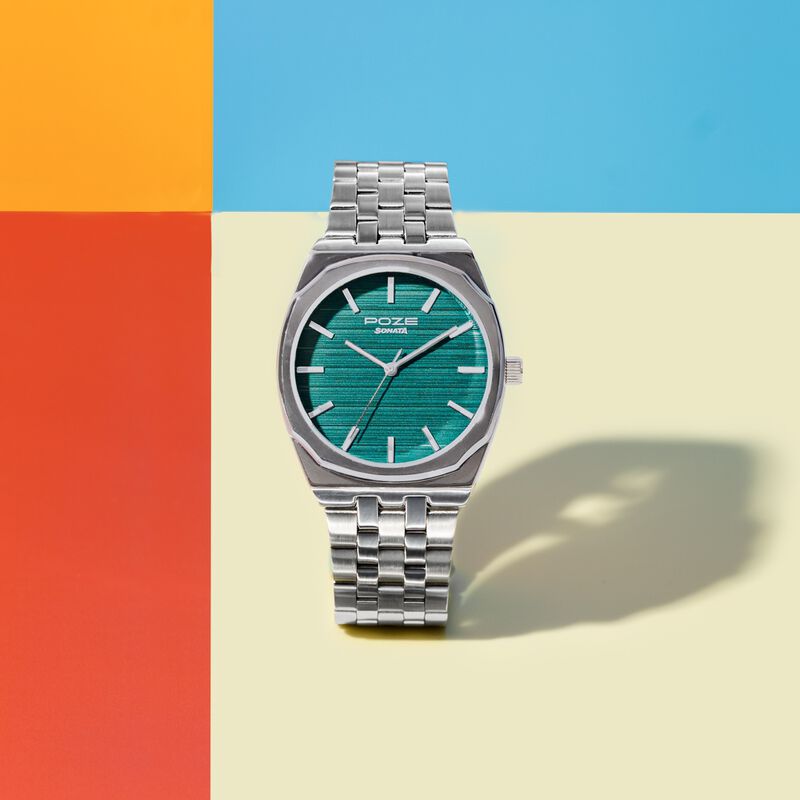 Sonata Poze Quartz Analog Green Dial Silver Colour Stainless Steel Strap Watch For Men
