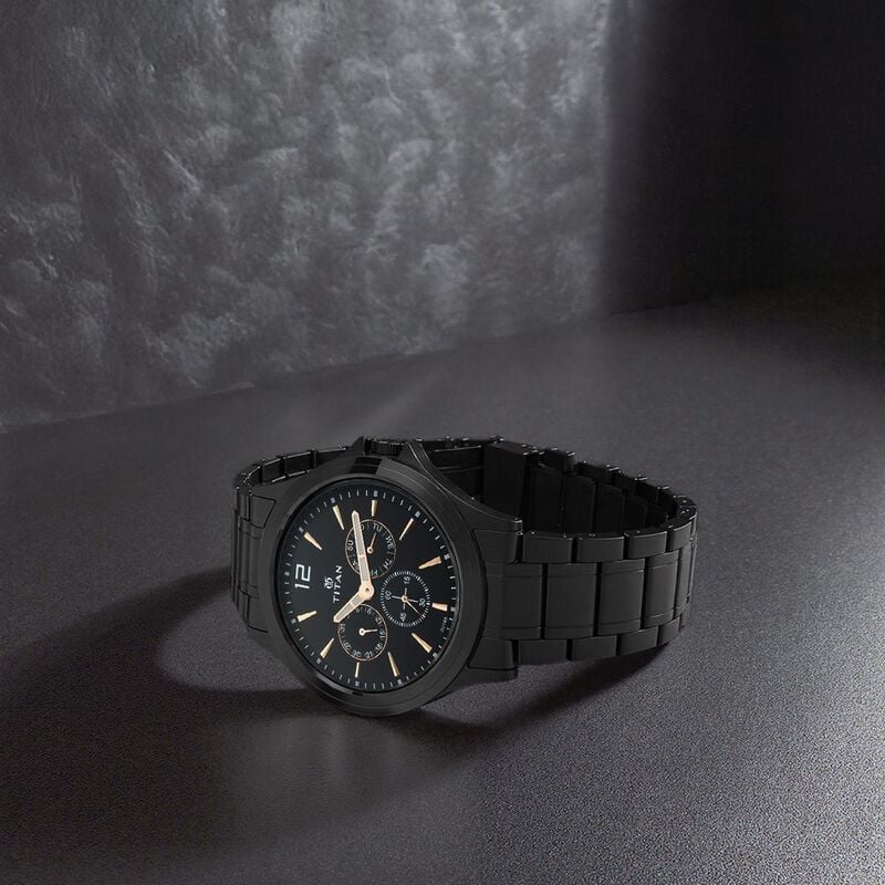 Titan Quartz Multifunction Black Dial Stainless Steel Strap Watch for Men
