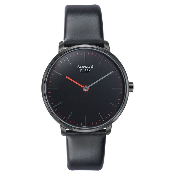 Sonata Sleek Quartz Analog Black Dial Black Leather Strap Watch for Women - image number 0