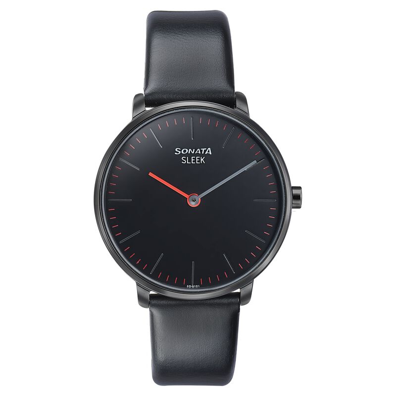 Sonata Sleek Quartz Analog Black Dial Black Leather Strap Watch for Women