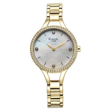 Titan Raga Showstopper Quartz Analog Mother Of Pearl Round Dial Golden Metal Strap Watch For Women