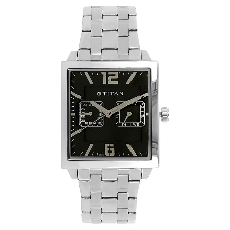 Titan Quartz Analog with Day and Date Black Dial Stainless Steel Strap Watch for Men