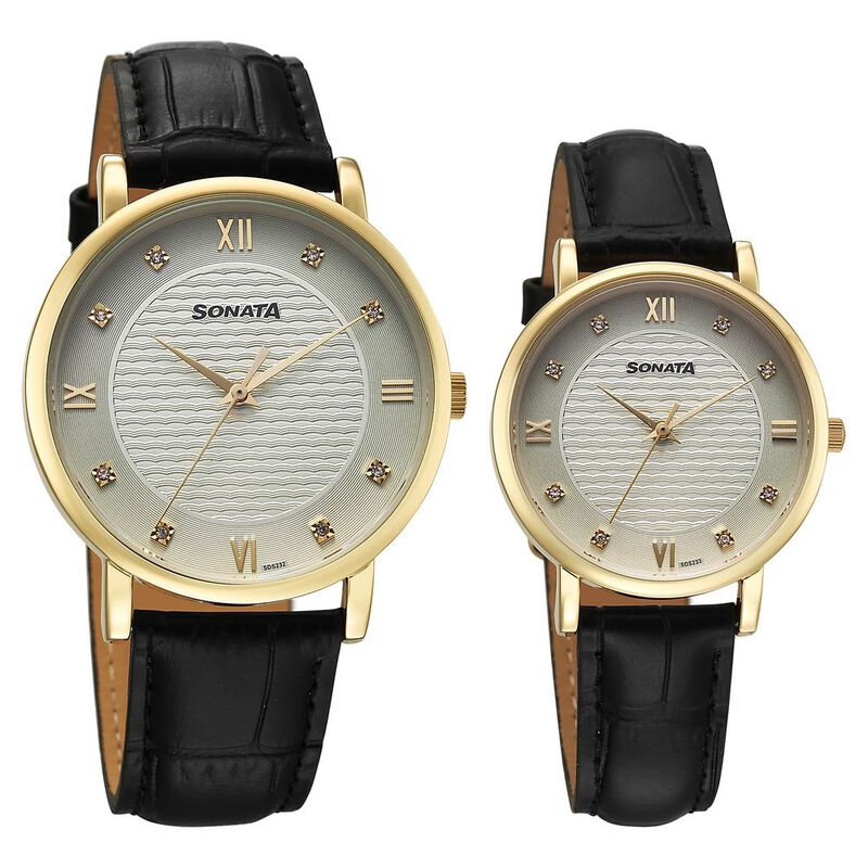 Sonata Perfect Pairs Quartz Analog Green Dial Black Leather Strap Watch For Couple