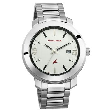 Fastrack Bare Basics Quartz Analog with Date White Dial Stainless Steel Strap Watch for Guys