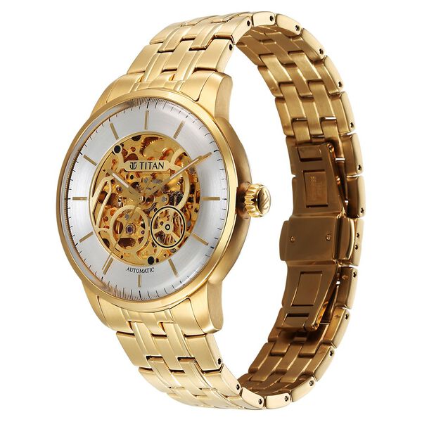 Titan Golden Heart Skeletal Automatic Analog with Silver Dial Yellow Gold Stainless Steel Strap Watch for Men - image number 4