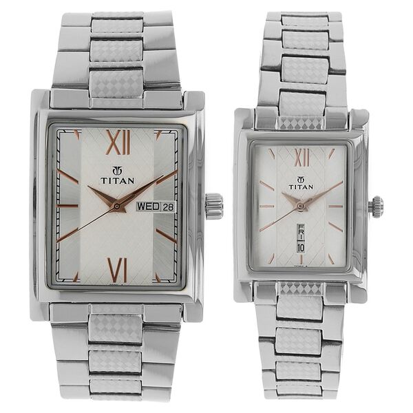 Titan Bandhan Silver Dial Analog with Day and Date Stainless Steel Strap watch for Couple - image number 0