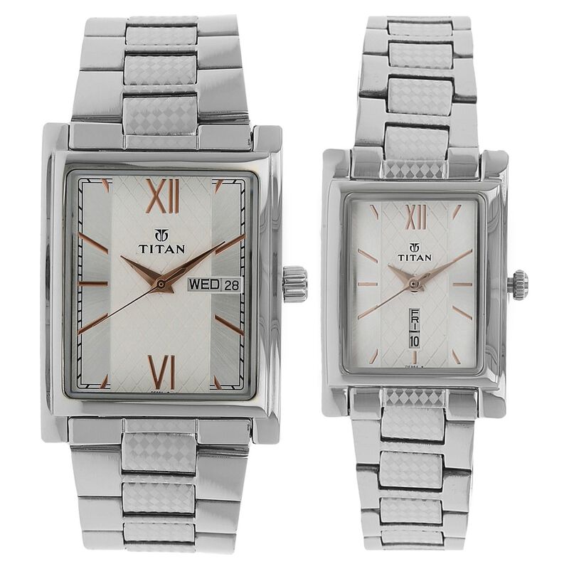Titan Bandhan Silver Dial Analog with Day and Date Stainless Steel Strap watch for Couple