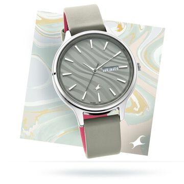 Fastrack Ruffles Quartz Analog with Day and Date Grey Dial Leather Strap Watch for Girls