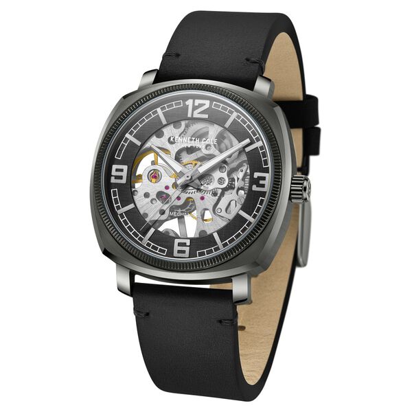 Kenneth Cole Mechanical Hand Wound Analog Mechanical Black Dial Black Leather Strap Watch For Men - image number 1