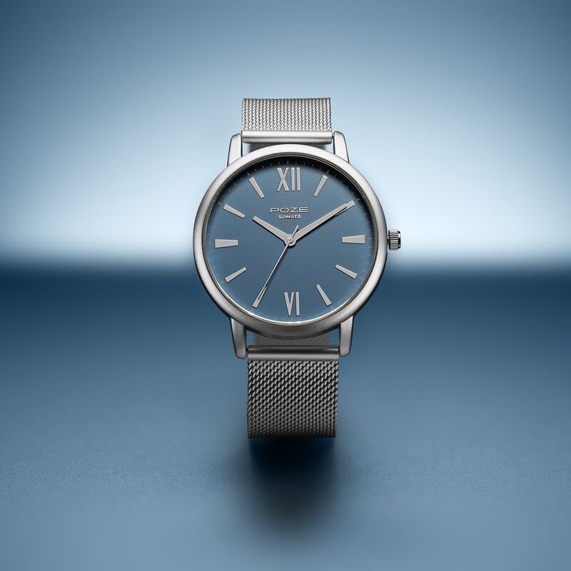 Sonata Poze Quartz Analog Blue Dial Mesh Strap Watch for Men